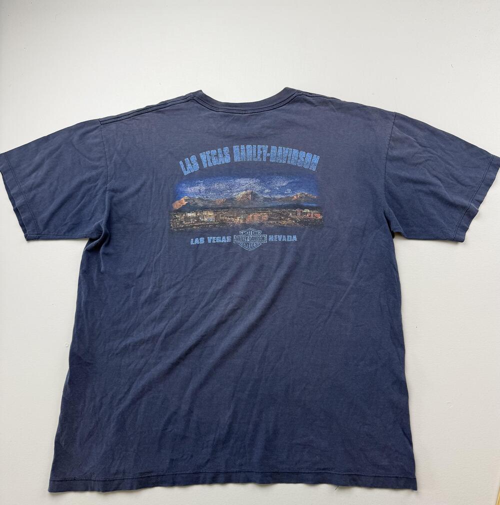 Harley-Davidson Shirt Mens Blue Las Vegas Skyline Graphic Tee Motorcycle Read